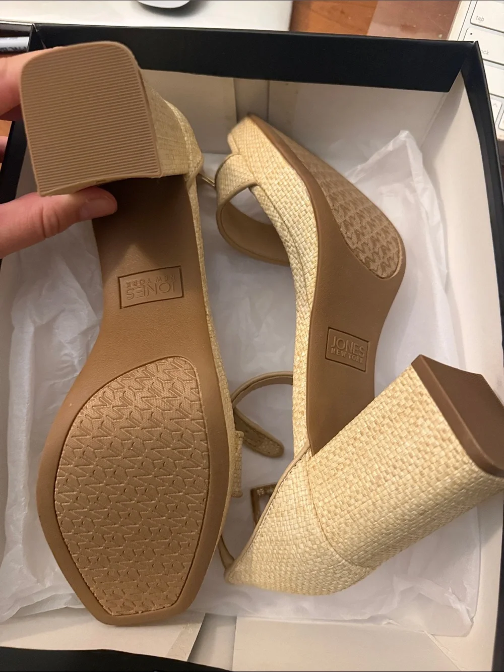 Jones New York Beige Woven Block Heel Wedges